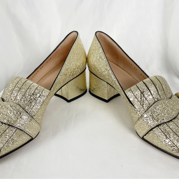Gucci Marmont Fringe Metallic Leather Loafer Pumps Gold - Picture 6 of 10
